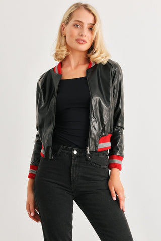 Shop Black Comme PU Leather Baseball Collar Long Sleeve Jacket - High-Quality U.S. Made Women’s Fashion with Free & Fast Shipping