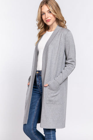 Shop ACTIVE BASIC Open Front Rib Trim Long Sleeve Knit Cardigan - High-Quality U.S. Made Women’s Fashion with Free & Fast Shipping