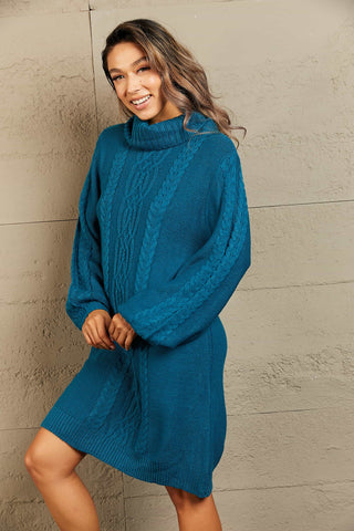 Shop Woven Right Mixed Knit Turtleneck Lantern Sleeve Sweater Dress - High-Quality U.S. Made Women’s Fashion with Free Fast Shipping