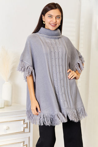 Shop Justin Taylor Turtle Neck Fringe Poncho - High-Quality U.S. Made Women’s Fashion with Free & Fast Shipping