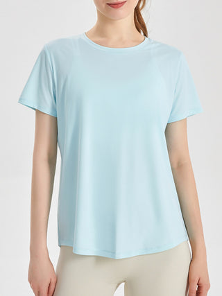 Shop Mint Blue Slit Round Neck Short Sleeve Active T-Shirt - High-Quality U.S. Made Women’s Fashion with Free & Fast Shipping