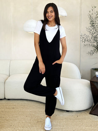 Shop Black Culture Code Full Size Plunge Sleeveless Jumpsuit with Pockets - High-Quality U.S. Made Women’s Fashion with Free & Fast Shipping