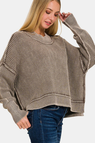 Shop Zenana Exposed Seam Round Neck Dropped Shoulder Sweater - High-Quality U.S. Made Women’s Fashion with Free Fast Shipping