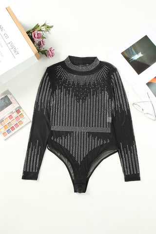 Shop Rhinestone Round Neck Long Sleeve Bodysuit - High-Quality U.S. Made Women’s Fashion with Free & Fast Shipping