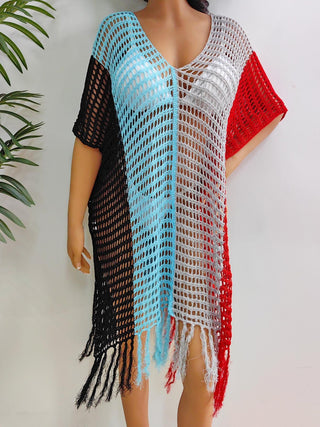 Shop Fringe Color Block Scoop Neck Cover Up - High-Quality U.S. Made Women’s Fashion with Free Fast Shipping