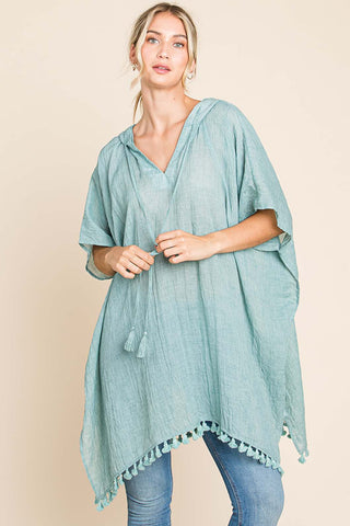 Shop Mint Cotton Bleu by Nu Label Tassel Hem Hooded Cover Up - High-Quality U.S. Made Women’s Fashion with Free & Fast Shipping