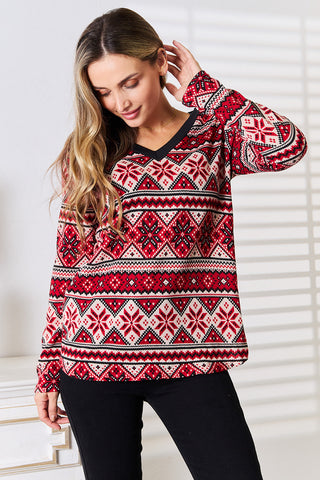 Shop Deep Red Heimish Full Size Snowflake Print Long Sleeve Top - High-Quality U.S. Made Women’s Fashion with Free & Fast Shipping