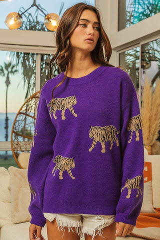 Shop BiBi Tiger Pattern Long Sleeve Sweater - High-Quality U.S. Made Women’s Fashion with Free Fast Shipping