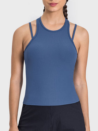 Shop Dusty Blue Millennia Cutout Round Neck Racerback Active Tank - High-Quality U.S. Made Women’s Fashion with Free & Fast Shipping