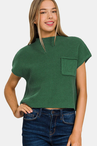 Shop DK GREEN Zenana Mock Neck Short Sleeve Cropped Sweater - High-Quality U.S. Made Women’s Fashion with Free & Fast Shipping