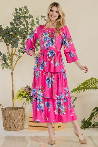 Shop FUCHSIA FL Celeste Full Size Floral Ruffle Tiered Midi Dress - High-Quality U.S. Made Women’s Fashion with Free & Fast Shipping