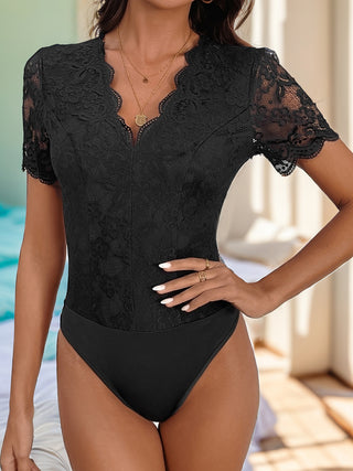 Shop Black V-Neck Short Sleeve Lace Bodysuit - High-Quality U.S. Made Women’s Fashion with Free & Fast Shipping