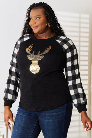 Shop Heimish Full Size Sequin Reindeer Graphic Plaid Top - High-Quality U.S. Made Women’s Fashion with Free & Fast Shipping