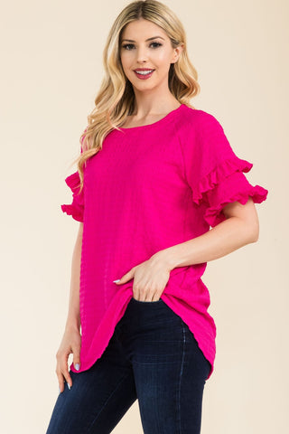 Shop Celeste Full Size Ruffle Short Sleeve Texture Top - High-Quality U.S. Made Women’s Fashion with Free & Fast Shipping