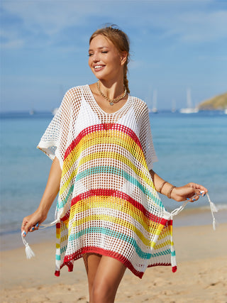 Shop Gold One Size Cutout Striped Cover-Up with Tassel - High-Quality U.S. Made Women’s Fashion with Free & Fast Shipping