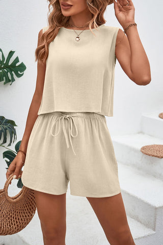 Shop Beige Round Neck Top and Drawstring Shorts Set - High-Quality U.S. Made Women’s Fashion with Free & Fast Shipping