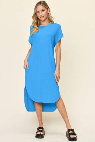 Shop Sky Blue Double Take Full Size Round Neck Short Sleeve Slit Dress - High-Quality U.S. Made Women’s Fashion with Free & Fast Shipping