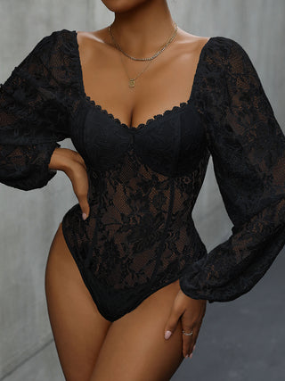 Shop Black Lace Balloon Sleeve Bodysuit - High-Quality U.S. Made Women’s Fashion with Free & Fast Shipping