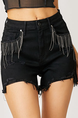 Shop RISEN Frayed Hem Denim Shorts with Fringe Detail Pockets - High-Quality U.S. Made Women’s Fashion with Free & Fast Shipping