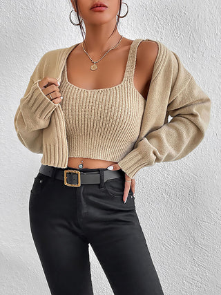 Shop Tan Plain Sweater Cami and Cardigan Set - High-Quality U.S. Made Women’s Fashion with Free & Fast Shipping