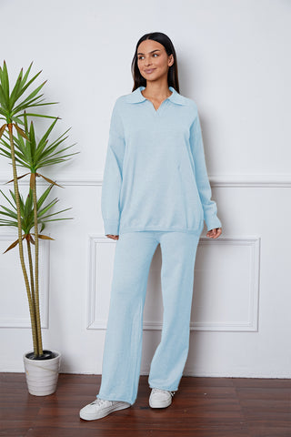 Shop Misty Blue One Size Dropped Shoulder Sweater and Long Pants Set - High-Quality U.S. Made Women’s Fashion with Free & Fast Shipping