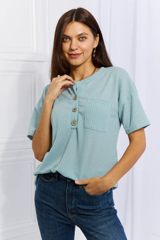 Shop Light Blue Heimish Made For You Full Size 1/4 Button Down Waffle Top in Blue - High-Quality U.S. Made Women’s Fashion with Free & Fast Shipping