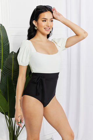 Shop Marina West Swim Salty Air Puff Sleeve One-Piece in Cream/Black - High-Quality U.S. Made Women’s Fashion with Free Fast Shipping