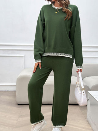 Shop Round Neck Dropped Shoulder Top and Pants Sweater Set - High-Quality U.S. Made Women’s Fashion with Free Fast Shipping