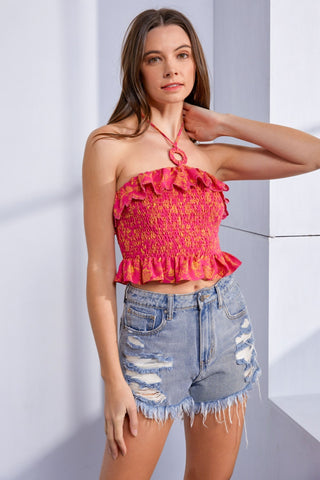 Shop Hot Pink Mustard Seed Ruffled Smocked Backless Sleeveless Top - High-Quality U.S. Made Women’s Fashion with Free & Fast Shipping