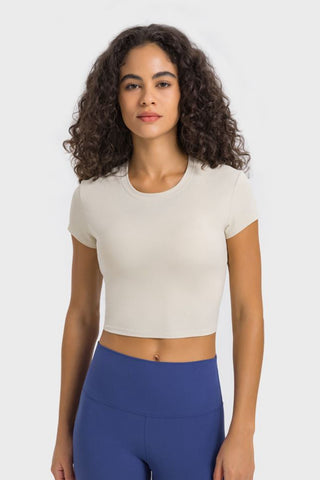 Shop Ivory Millennia Round Neck Short Sleeve Cropped Sports T-Shirt - High-Quality U.S. Made Women’s Fashion with Free & Fast Shipping