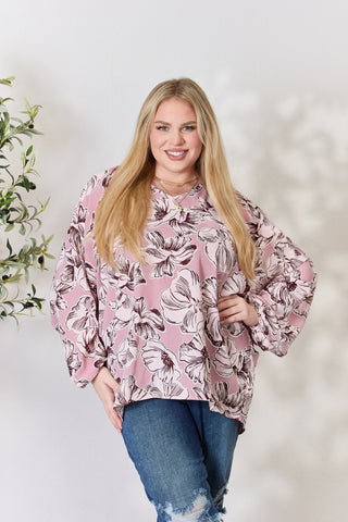 Shop Heimish Full Size Floral V-Neck Balloon Sleeve Blouse - High-Quality U.S. Made Women’s Fashion with Free & Fast Shipping