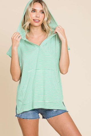 Shop Candy Green Culture Code Full Size Striped Short Sleeve Hooded Top - High-Quality U.S. Made Women’s Fashion with Free & Fast Shipping