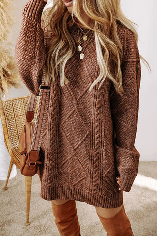 Shop Taupe Cable-Knit Round Neck Sweater Dress - High-Quality U.S. Made Women’s Fashion with Free & Fast Shipping