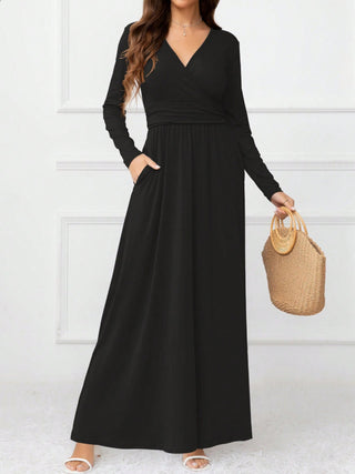 Shop Pocketed Surplice Long Sleeve Maxi Dress - High-Quality U.S. Made Women’s Fashion with Free & Fast Shipping