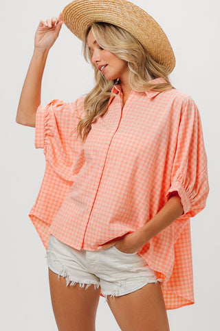 Shop BiBi Plaid Button Up Dolman Sleeve Shirt - High-Quality U.S. Made Women’s Fashion with Free & Fast Shipping