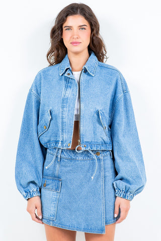 Shop American Bazi Drawstring Waist Crop Denim Jacket - High-Quality U.S. Made Women’s Fashion with Free Fast Shipping