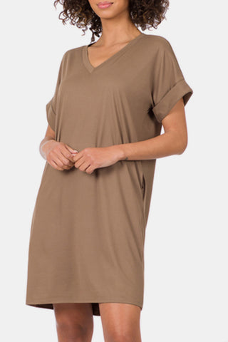 Shop MOCHA Zenana Rolled Short Sleeve V-Neck Dress - High-Quality U.S. Made Women’s Fashion with Free & Fast Shipping