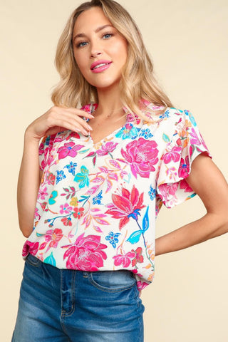 Shop Haptics Notch Neck Sequin Floral Blouse - High-Quality U.S. Made Women’s Fashion with Free & Fast Shipping