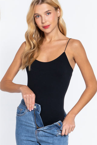 Shop Black ACTIVE BASIC Ribbed Round Neck Seamless Cami Bodysuit - High-Quality U.S. Made Women’s Fashion with Free & Fast Shipping