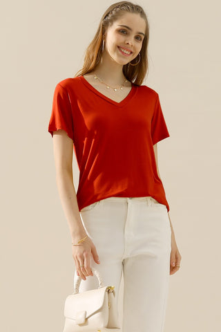 Shop RED Ninexis Full Size V-Neck Short Sleeve T-Shirt - High-Quality U.S. Made Women’s Fashion with Free & Fast Shipping