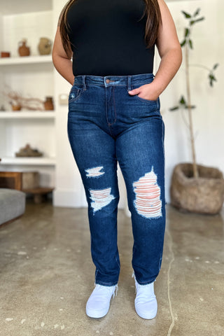 Shop Dark Judy Blue Full Size High Waist Rigid Magic Heavy Destroy Straight Jeans - High-Quality U.S. Made Women’s Fashion with Free & Fast Shipping