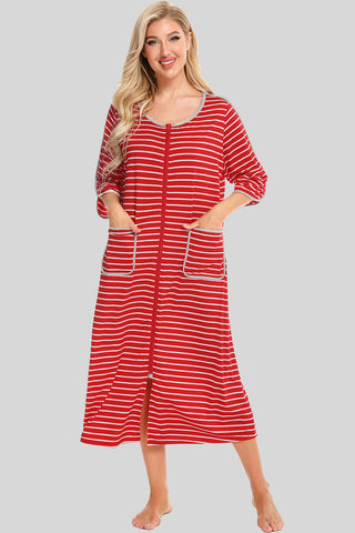 Shop Deep Red Round Neck Three-Quarter Sleeve Midi Night Dress - High-Quality U.S. Made Women’s Fashion with Free & Fast Shipping