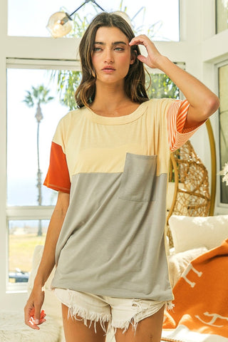 Shop BiBi Color Block Short Sleeve T-Shirt - High-Quality U.S. Made Women’s Fashion with Free & Fast Shipping