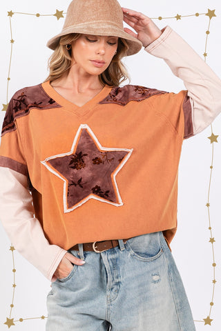 Shop SAGE + FIG Star Patch Long Sleeve Color Block T-Shirt - High-Quality U.S. Made Women’s Fashion with Free & Fast Shipping