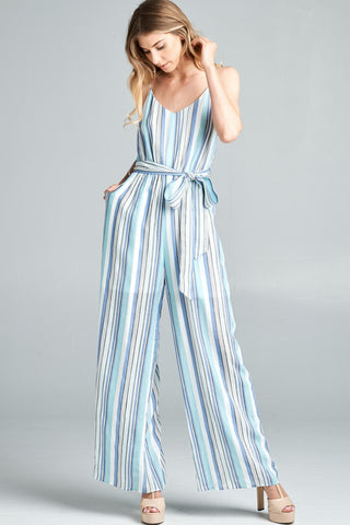 Shop Blue Cotton Bleu by Nu Label Tie Front Striped Sleeveless Jumpsuit - High-Quality U.S. Made Women’s Fashion with Free & Fast Shipping