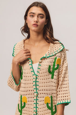 Shop BiBi Edge Stitched Cactus Patch Sweater Cardigan - High-Quality U.S. Made Women’s Fashion with Free & Fast Shipping