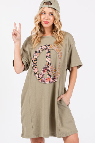 Shop SAGE + FIG Full Size Peace Sign Applique Short Sleeve Tee Dress - High-Quality U.S. Made Women’s Fashion with Free & Fast Shipping