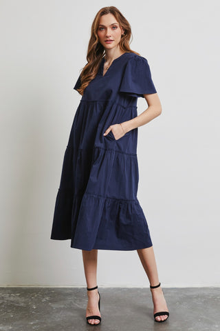 Shop Navy HEYSON Full Size Cotton Poplin Ruffled Tiered Midi Dress - High-Quality U.S. Made Women’s Fashion with Free & Fast Shipping