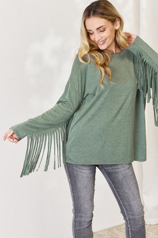 Shop OLIVE Celeste Full Size Fringe Detail Long Sleeve Top - High-Quality U.S. Made Women’s Fashion with Free & Fast Shipping