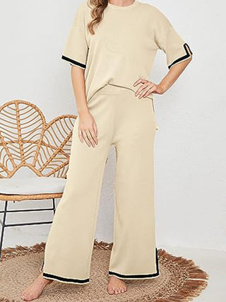 Shop Contrast High-Low Sweater and Knit Pants Set - High-Quality U.S. Made Women’s Fashion with Free Fast Shipping